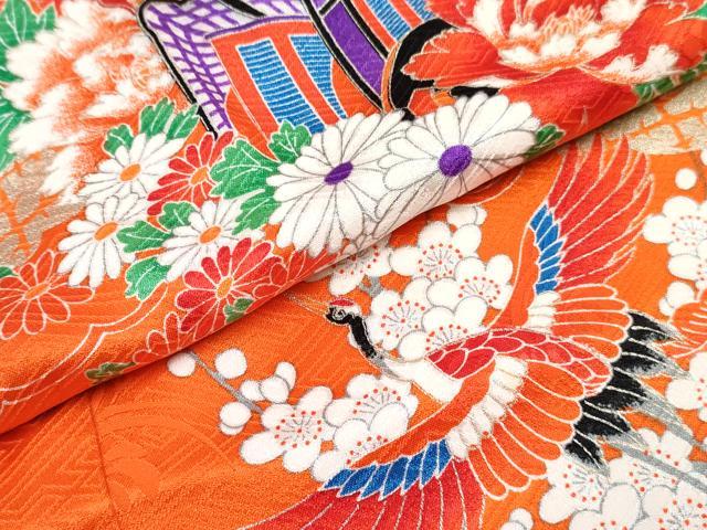平和屋着物[]七五三　女の子　７歳　祝着　四つ身　長襦袢(無双仕立て・半衿刺繍)セット　御所車飛鶴花文　金彩　逸品　DABG3455ma
