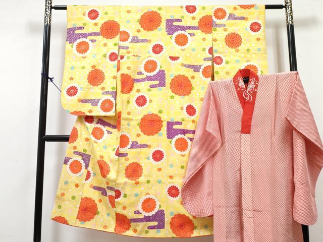 平和屋着物[]七五三　女の子　７歳　祝着　四つ身　長襦袢(無双仕立て・半衿刺繍)セット　エ霞菊花文　金彩　逸品　DABG3458ma