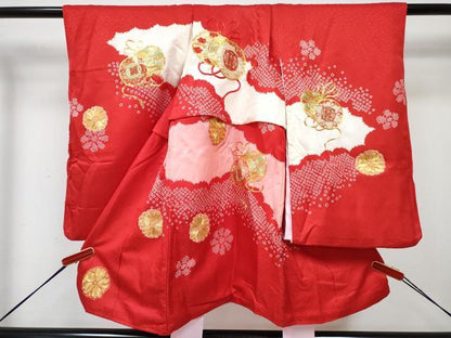 平和屋着物[]七五三　女の子　３歳　祝着　三つ身　襦袢付き　駒刺繍　鼓花文　逸品　DABG3466ma
