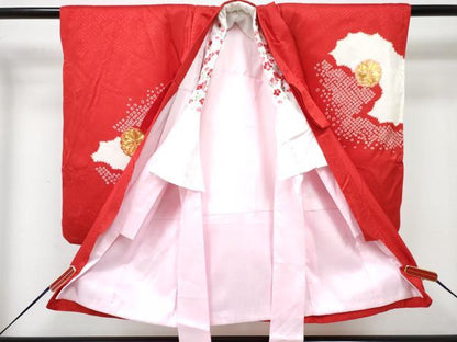 平和屋着物[]七五三　女の子　３歳　祝着　三つ身　襦袢付き　駒刺繍　鼓花文　逸品　DABG3466ma