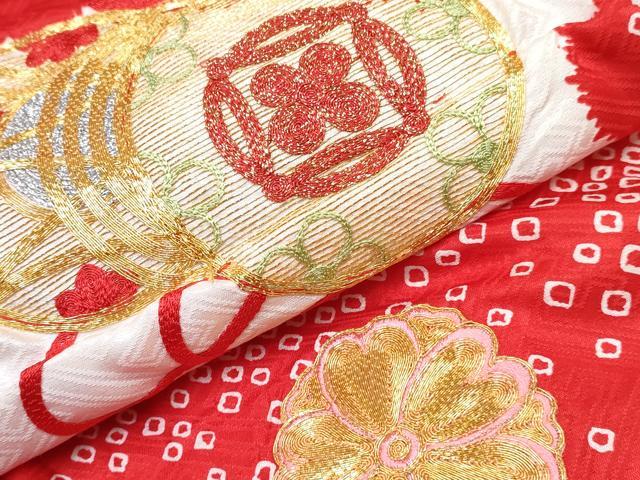 平和屋着物[]七五三　女の子　３歳　祝着　三つ身　襦袢付き　駒刺繍　鼓花文　逸品　DABG3466ma