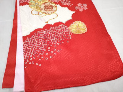 平和屋着物[]七五三　女の子　３歳　祝着　三つ身　襦袢付き　駒刺繍　鼓花文　逸品　DABG3466ma