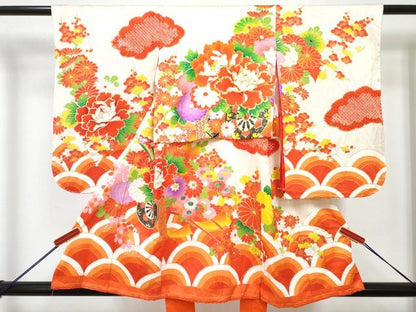 平和屋着物[]七五三　女の子　３歳　祝着　三つ身　駒刺繍　絞り　花車文　金彩　逸品　DABG3467ma