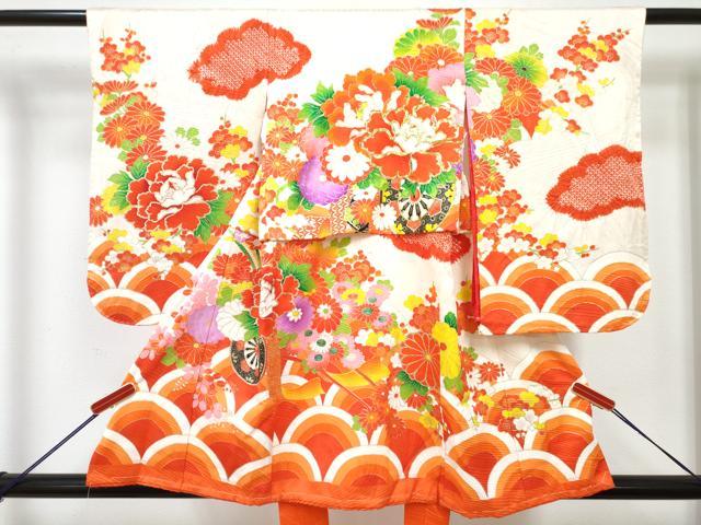平和屋着物[]七五三　女の子　３歳　祝着　三つ身　駒刺繍　絞り　花車文　金彩　逸品　DABG3467ma