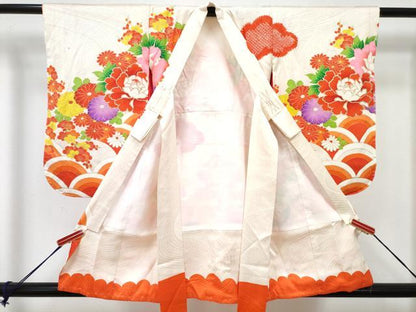平和屋着物[]七五三　女の子　３歳　祝着　三つ身　駒刺繍　絞り　花車文　金彩　逸品　DABG3467ma