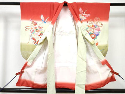 平和屋着物[]七五三　女の子　３歳　祝着　三つ身　飛鶴檜扇花文　暈し染め　銀彩　逸品　DABG3468ma