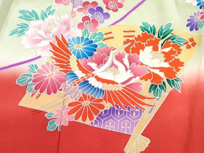 平和屋着物[]七五三　女の子　３歳　祝着　三つ身　飛鶴檜扇花文　暈し染め　銀彩　逸品　DABG3468ma