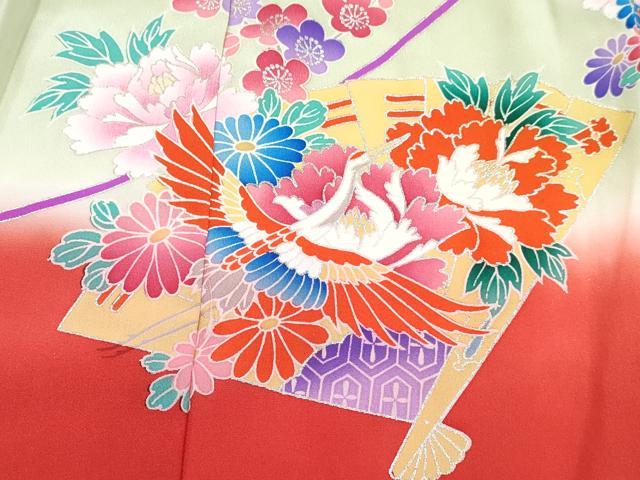 平和屋着物[]七五三　女の子　３歳　祝着　三つ身　飛鶴檜扇花文　暈し染め　銀彩　逸品　DABG3468ma