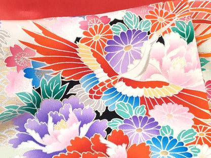 平和屋着物[]七五三　女の子　３歳　祝着　三つ身　飛鶴檜扇花文　暈し染め　銀彩　逸品　DABG3468ma