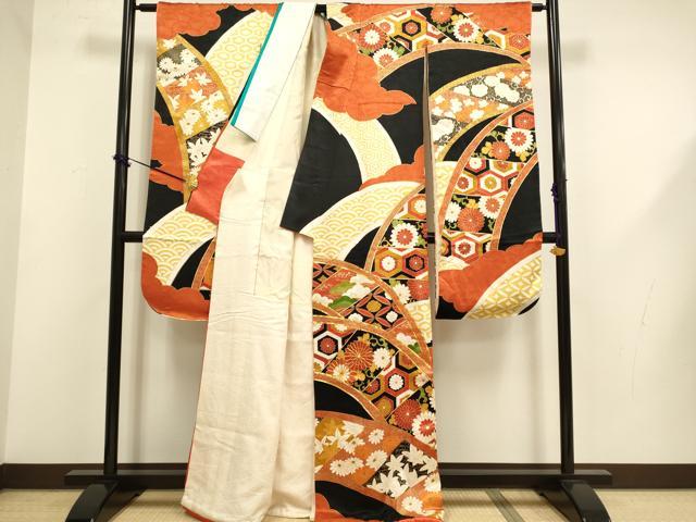平和屋本店●豪華振袖　駒刺繍　吉祥花文　黒地　金彩　正絹　逸品　DABG3524du