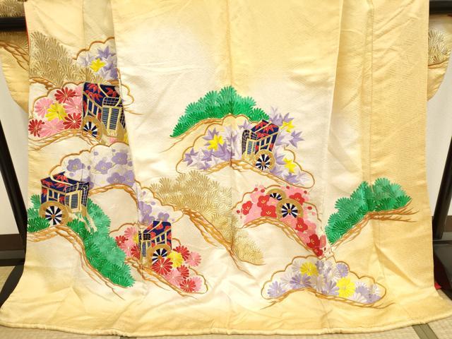 平和屋本店●お引きずり・お引き摺り・引き振袖　和装　結婚式　舞妓　芸妓　芸者　衣装　総刺繍　御所車花文　暈し染め　金糸　DABG3525du