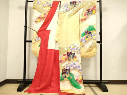 平和屋本店●お引きずり・お引き摺り・引き振袖　和装　結婚式　舞妓　芸妓　芸者　衣装　総刺繍　御所車花文　暈し染め　金糸　DABG3525du