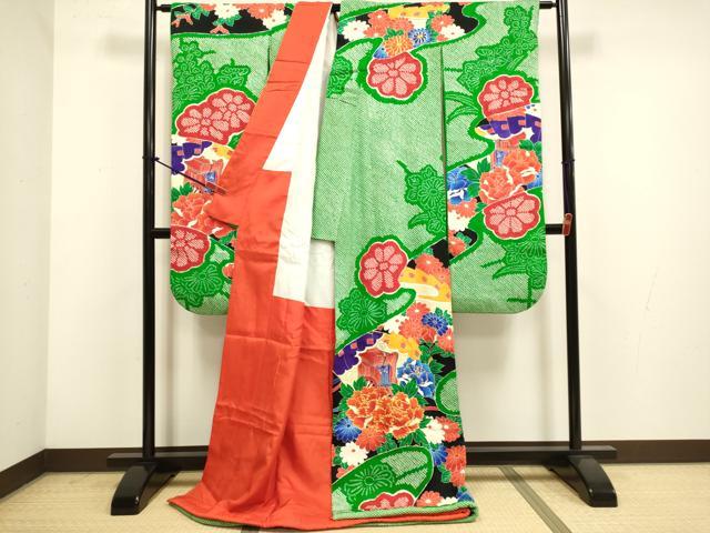 平和屋本店▼お引きずり・お引き摺り・引き振袖　結婚式　和装　舞妓　芸者　芸妓　衣装　絞り　駒刺繍　檜扇御所車花文　DABG3547du