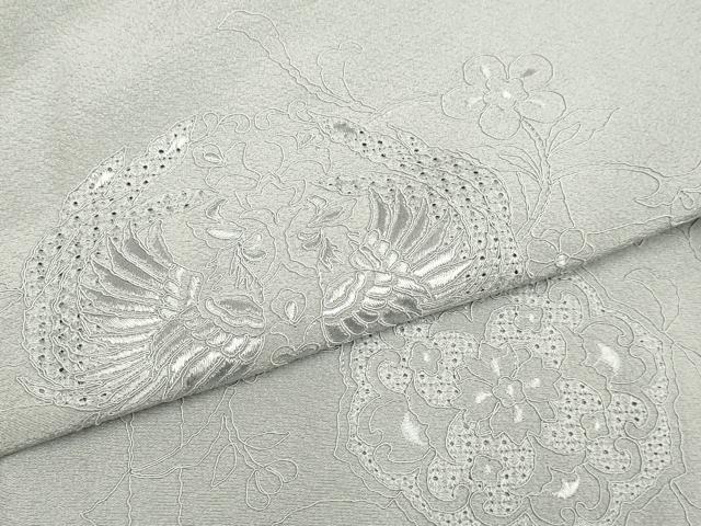 平和屋着物▼無地絵羽訪問着　向かい鳥正倉院花文　銀鼠色　正絹　逸品　DABG3595du