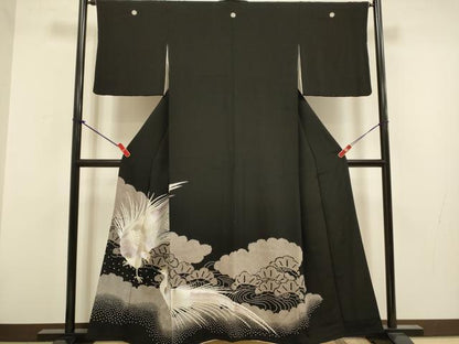 平和屋着物▼豪華黒留袖　総刺繍　尾長鳥松文　金銀糸　正絹　逸品　DABG3614du