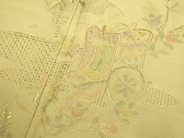 平和屋着物▼中国三大刺繍　スワトウ刺繍　汕頭刺繍　相良刺繍　総刺繍　訪問着　地紙御所車花文　暈し染め　金糸　正絹　逸品　DABG3616du
