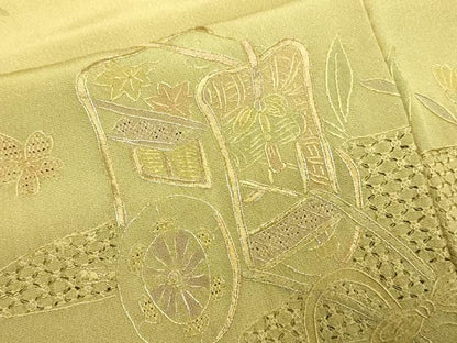 平和屋着物▼中国三大刺繍　スワトウ刺繍　汕頭刺繍　相良刺繍　総刺繍　訪問着　地紙御所車花文　暈し染め　金糸　正絹　逸品　DABG3616du
