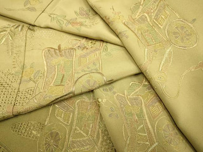 平和屋着物▼中国三大刺繍　スワトウ刺繍　汕頭刺繍　相良刺繍　総刺繍　訪問着　地紙御所車花文　暈し染め　金糸　正絹　逸品　DABG3616du