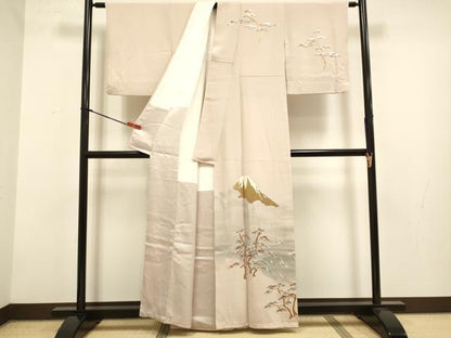 平和屋着物▼訪問着　総刺繍　富士山　松　金糸　正絹　逸品　DABG3626du