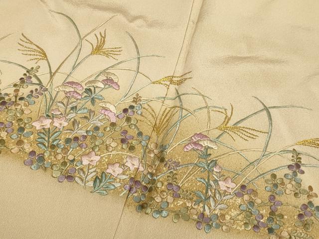 平和屋着物▼訪問着　総刺繍　草花文　暈し染め　金彩　正絹　逸品　DABG3630du