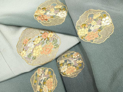 平和屋着物▼訪問着　総刺繍　花鳥文　暈し染め　金銀彩　正絹　逸品　DABG3660du