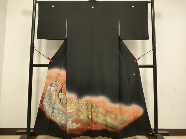 平和屋着物▼豪華黒留袖　作家物　孔雀文　暈し染め　金彩　正絹　逸品　DABG3676du