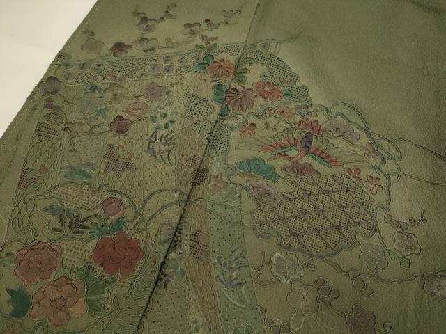 平和屋着物▼中国三大刺繍　スワトウ刺繍　汕頭刺繍　総刺繍　訪問着　几帳雪輪飛鶴花文　暈し染め　正絹　逸品　DABG3688du