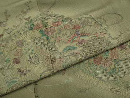 平和屋着物▼中国三大刺繍　スワトウ刺繍　汕頭刺繍　総刺繍　訪問着　几帳雪輪飛鶴花文　暈し染め　正絹　逸品　DABG3688du