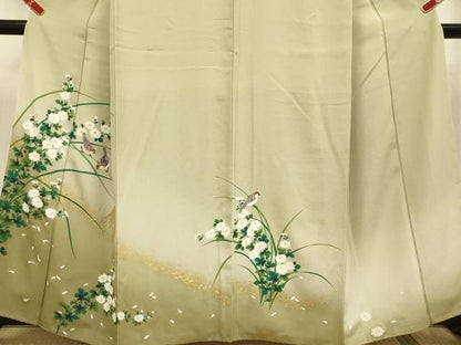 平和屋着物▼訪問着　手描き　雀　稲穂　草花文　暈し染め　金彩　正絹　逸品　DABG3719du