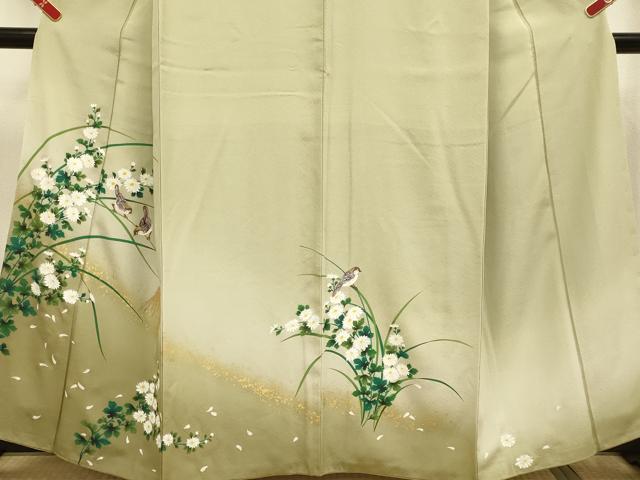 平和屋着物▼訪問着　手描き　雀　稲穂　草花文　暈し染め　金彩　正絹　逸品　DABG3719du