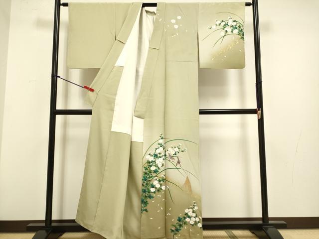 平和屋着物▼訪問着　手描き　雀　稲穂　草花文　暈し染め　金彩　正絹　逸品　DABG3719du