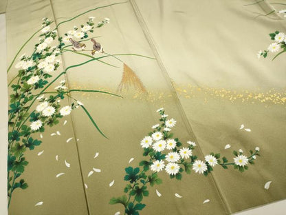 平和屋着物▼訪問着　手描き　雀　稲穂　草花文　暈し染め　金彩　正絹　逸品　DABG3719du
