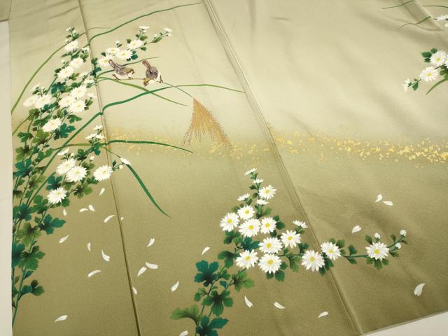 平和屋着物▼訪問着　手描き　雀　稲穂　草花文　暈し染め　金彩　正絹　逸品　DABG3719du