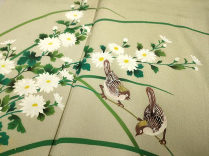 平和屋着物▼訪問着　手描き　雀　稲穂　草花文　暈し染め　金彩　正絹　逸品　DABG3719du