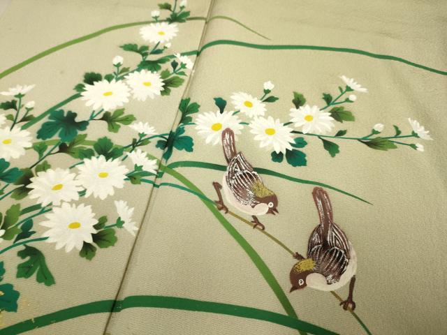 平和屋着物▼訪問着　手描き　雀　稲穂　草花文　暈し染め　金彩　正絹　逸品　DABG3719du