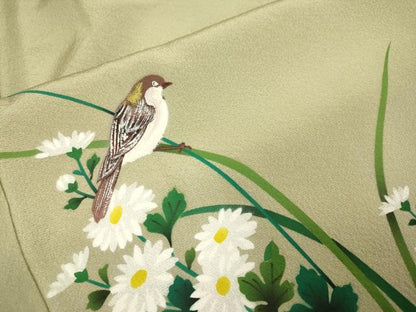 平和屋着物▼訪問着　手描き　雀　稲穂　草花文　暈し染め　金彩　正絹　逸品　DABG3719du
