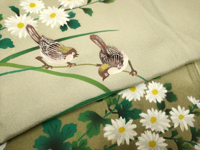 平和屋着物▼訪問着　手描き　雀　稲穂　草花文　暈し染め　金彩　正絹　逸品　DABG3719du