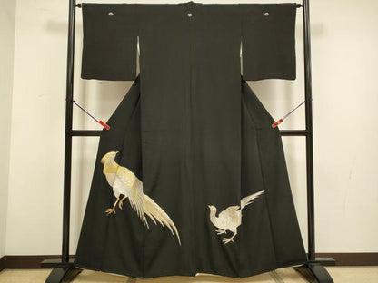 平和屋着物▼豪華黒留袖　総刺繍　尾長鳥　金銀糸　正絹　逸品　DABG3755du