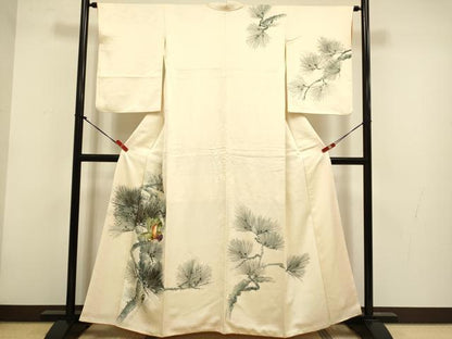 平和屋着物▼訪問着　手描き　松葉　休み鳥　金彩　正絹　逸品　DABG3756du