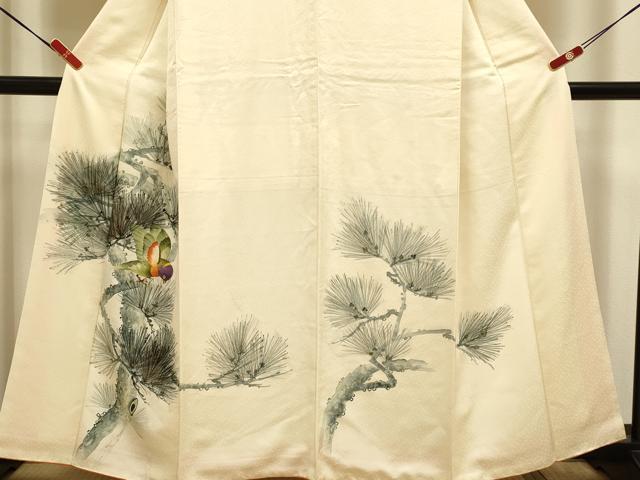 平和屋着物▼訪問着　手描き　松葉　休み鳥　金彩　正絹　逸品　DABG3756du