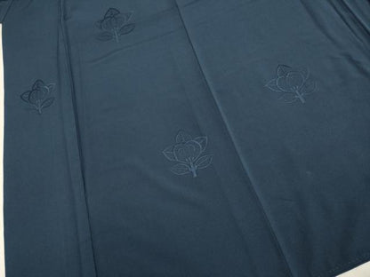 平和屋着物▼無地絵羽訪問着　総刺繍　立花文　藍鉄色　正絹　逸品　DABG3764du