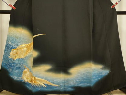 平和屋着物▼豪華黒留袖　駒刺繍　総刺繍　尾長鳥　暈し染め　金彩　正絹　逸品　DABG3767du