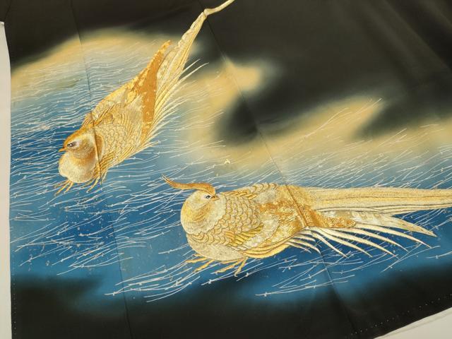 平和屋着物▼豪華黒留袖　駒刺繍　総刺繍　尾長鳥　暈し染め　金彩　正絹　逸品　DABG3767du