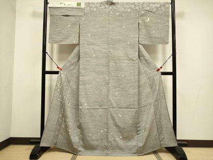 平和屋着物▽日本工芸正会員 縮屋六代目 樋口隆司 訪問着 単衣 紬ちりめん 小千谷織物 月 雪輪舞桜文 証紙付き 正絹 逸品 DABG3783du