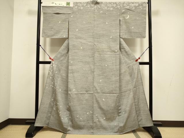 平和屋着物▽日本工芸正会員 縮屋六代目 樋口隆司 訪問着 単衣 紬ちりめん 小千谷織物 月 雪輪舞桜文 証紙付き 正絹 逸品 DABG3783du