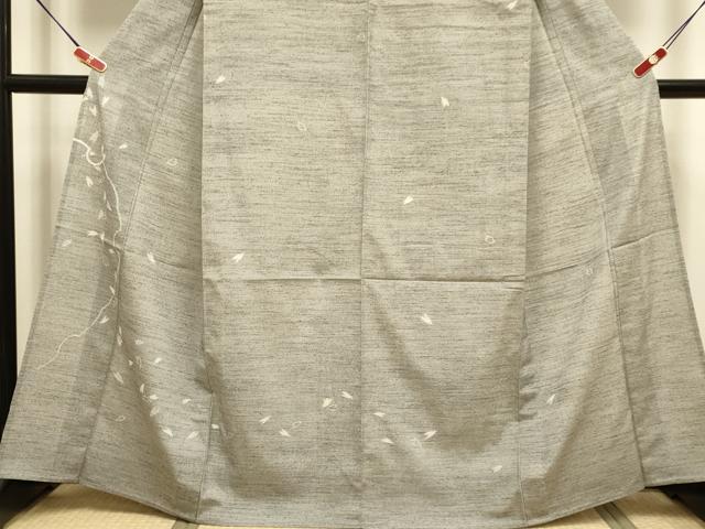 平和屋着物▽日本工芸正会員 縮屋六代目 樋口隆司 訪問着 単衣 紬ちりめん 小千谷織物 月 雪輪舞桜文 証紙付き 正絹 逸品 DABG3783du