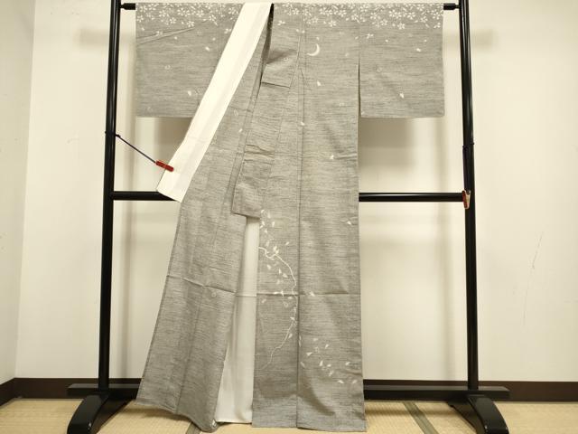 平和屋着物▽日本工芸正会員 縮屋六代目 樋口隆司 訪問着 単衣 紬ちりめん 小千谷織物 月 雪輪舞桜文 証紙付き 正絹 逸品 DABG3783du