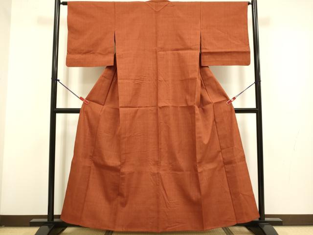 平和屋着物▽上質な紬　単衣　赤錆色　正絹　逸品　DABG3787du