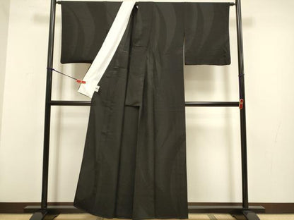 平和屋着物▽BANKANわものや　色無地　単衣　大流線　黒地　反端付き　正絹　逸品　DABG3791du