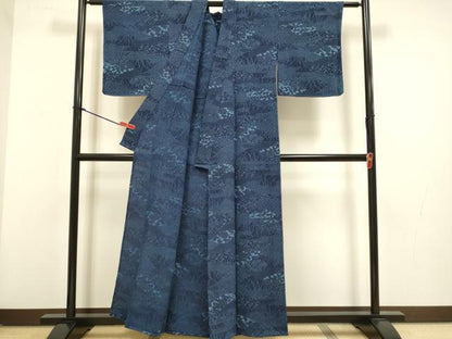 平和屋着物▽上質な小紋　単衣　藍　型絵染　雲取吉祥花文　鬼しぼ縮緬　正絹　逸品　未使用　DABG3797du